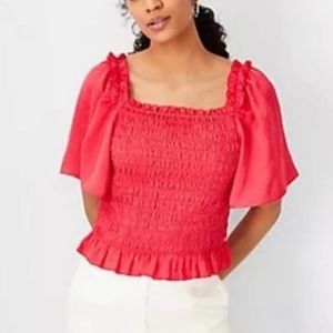 🥑5/$25 Ann Taylor pink square neck smocked blouse with flutter sleeves XXL